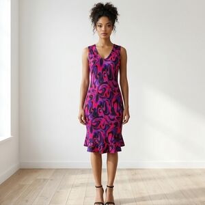 Vintage 80s Black Slip Dress Silk Purple Ruffle Hem Retro Psychedelic Size 4